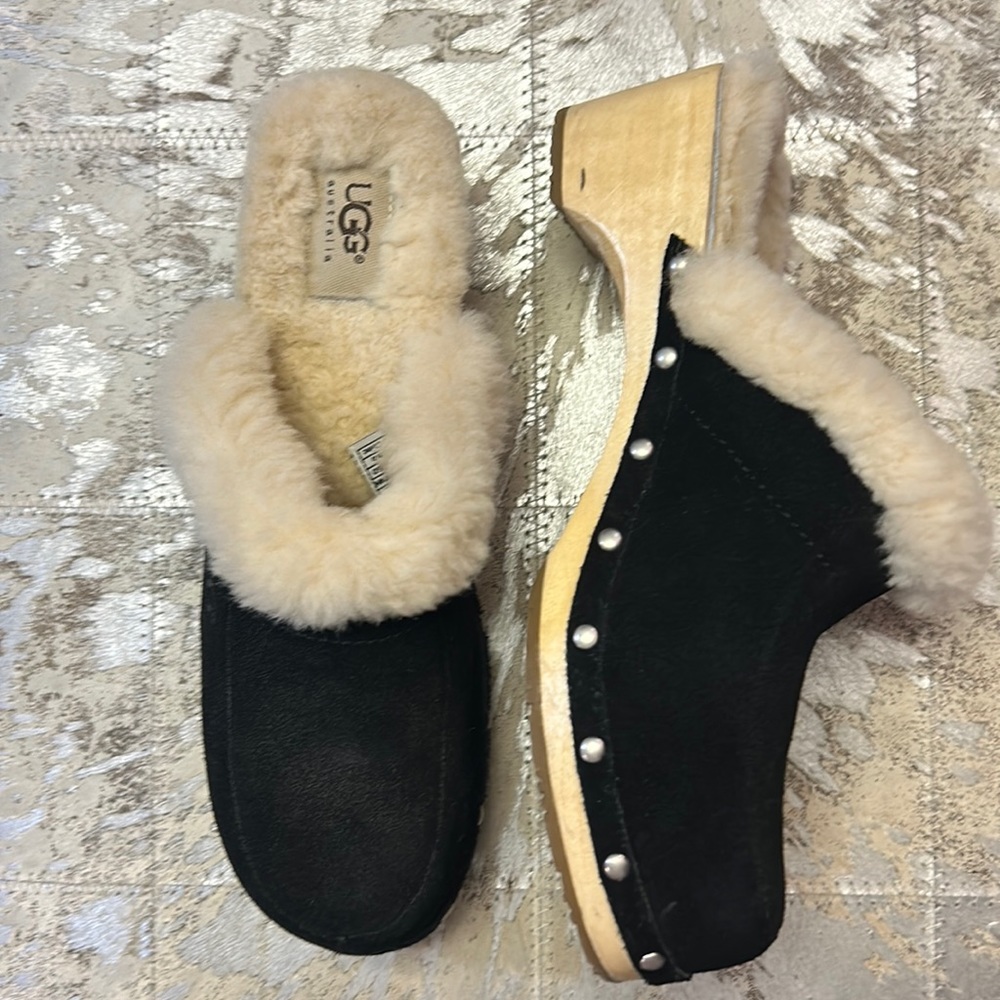 UGG Black Suede Shearling-Trim Studded Wooden Clog Mules